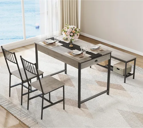 Vista 4 de IDEALHOUSE Juego de mesa de comedor para 4 personas, mesa de cocina pequeña y 2 sillas para 4 con banco, juego de mesa rectangular de granja de Gris