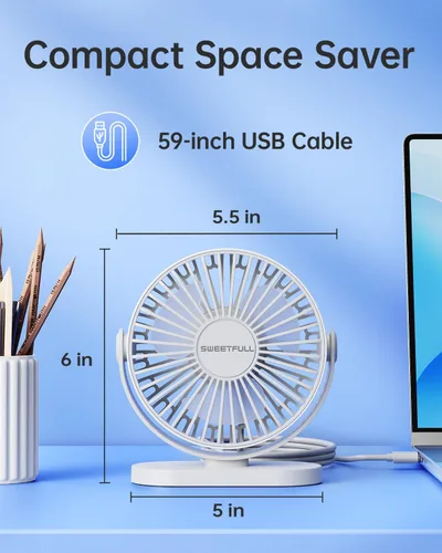 Vista 6 de SWEETFULL Ventilador de escritorio con USB pequeño silencioso - Ventilador personal portátil de 3 velocidades Mini 360° de rotación ajustable