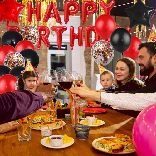 Vista 5 de Decoraciones de cumpleaños para hombres y mujeres, globos negros y rojos, pancarta de feliz cumpleaños, cortina metálica con flecos para fiesta