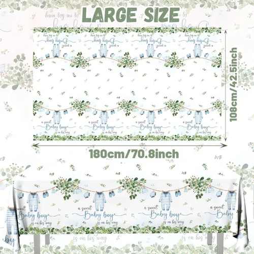 Vista 5 de Paquete de 3 manteles decorativos para baby shower, acuarela Greenery A Sweet Baby Boy Is On The Way Baby Shower, mantel impermeable para baby