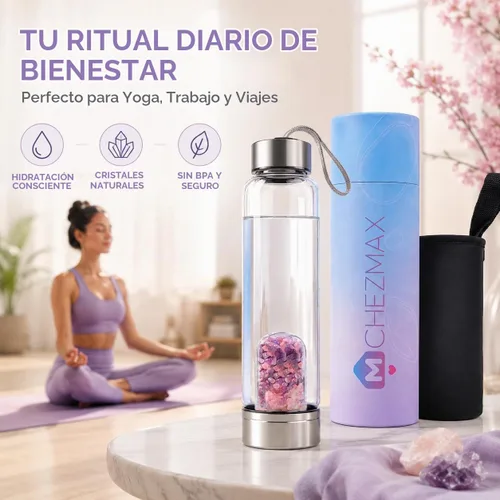 Vista 6 de ChezMax Botella de agua en cristal con centro de cristal natural intercambiable A - Amatista + cristal rosa