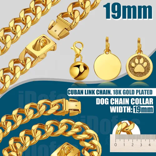 Vista 3 de Collar de cadena de oro para perro, collar de cadena de metal de 0.748 in con hebilla segura, collar de perro de eslabones cubanos de oro de 18