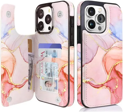 Vista 37 de uCOLOR - Funda tipo cartera para iPhone 15 con tarjetero y diseño de lunares con leche de almendra Bloqueo RFID de piel sintética para mujeres