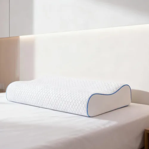 Vista 2 de Memory Foam Neck Pillow with Blue Grid Cover, Orthopedic Pillow for Neck Support, Ergonomic Cervical Cooling Pillow, 19.7 x 11.8 x 3.9/2.8 in / 50 x