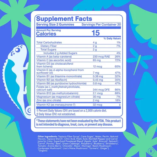 Vista 3 de FIRST DAY Vitaminas para Adolescentes - Multivitamínico para Niñas y Niños de 12 a 17 años, Mezcla Orgánica de Frutas y Vegetales - 12 Nutrientes