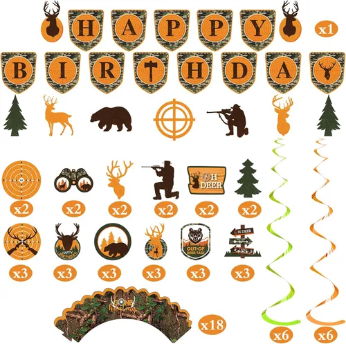 Vista 3 de Dianelhall 62 piezas de decoraciones de fiesta de cumpleaños de caza, ciervos camuflados, decoraciones de cumpleaños, incluye pancartas colgantes