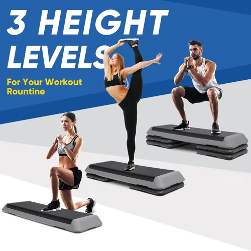 Vista 6 de Escalón aeróbico ajustable para entrenamiento, plataforma de ejercicios con 4 elevadores, superficie antideslizante para entrenamiento de gimnasio