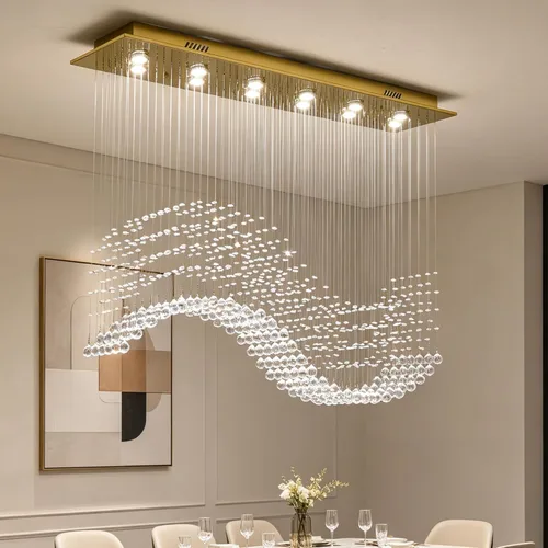 Vista 10 de Siljoy Candelabro de Cristal Rectangular Dorado para Comedor, 31.5'' Candelabro de Cristal Moderno con Gotas de Lluvia Onduladas, Lámpara Colgante