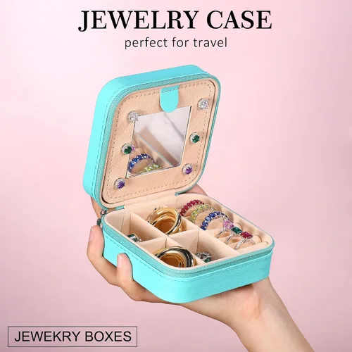 Vista 5 de Parima Regalos de cumpleaños para mujeres, joyero personalizado, regalos de cumpleaños, portátil, organizador de joyas azul, esencial para mujeres