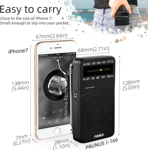 Vista 4 de PRUNUS J-166 - Radio portátil AM FM, Regalos para papá y mamá, Radio operada con pilas con luz de sintonización, clip trasero, excelente recepción
