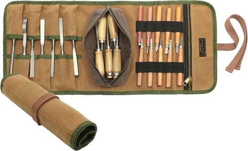 Vista 8 de Rollo de organización de herramientas, bolsa de lona encerada resistente de 16 onzas con 1 bolsa desmontable con cremallera y 7 ranuras para Verde
