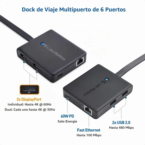 Vista 2 de Cable Matters Concentrador USB C de monitor doble, DisplayPort 4K dual