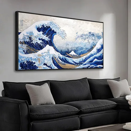 Vista 12 de The Mode Art The Great Wave Off Kanagawa - Lienzo enmarcado para pared, cuadros abstractos de paisaje marino, arte japonés moderno para decoración