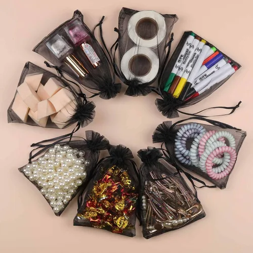 Vista 6 de 100 bolsas de organza – Bolsas de joyería de 4 x 6 pulgadas con cordón, malla negra para embalaje de regalo, fiesta, boda, festivo