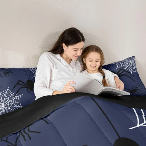 Vista 3 de Castle Fairy Spider Web Comforter Set,Happy Halloween Theme Hippie Bedding Sets for Kids Teens Adults,Black Spider Wild Animal Silhouette Comforter