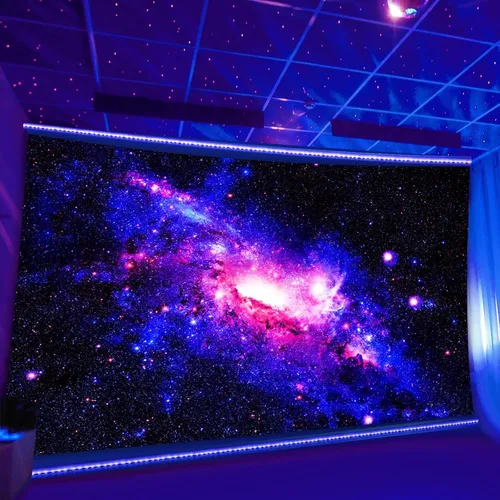 Vista 2 de Pósteres de luz negra para adultos, tapiz de luz negra galaxia, tapiz de pared espacial con estrellas moradas, tapiz reactivo a los rayos UV