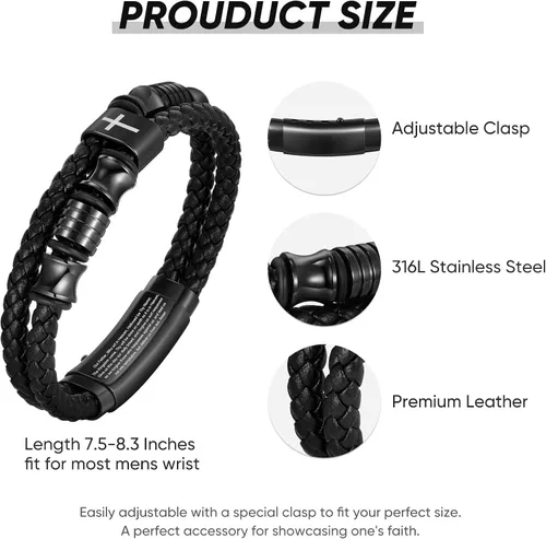 Vista 5 de TempBeau Pulsera de cuero negro cristiano para hombres, pulsera de cuero trenzado de doble fila con cruz de fe para hombres, regalo de joyería