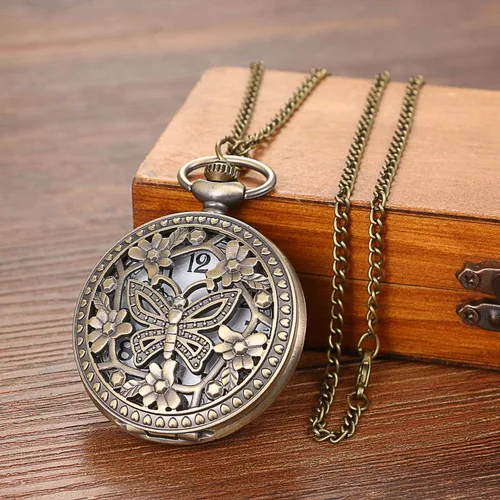 Vista 2 de Avaner Reloj de bolsillo de cuarzo con diseño de flores de rosas huecas de bronce antiguo para mujeres y niñas