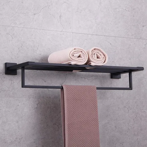 Vista 4 de GERZWY Estante de toalla con toallero organizador para baño de 24 pulgadas SUS 304 de acero inoxidable moderno montaje en pared negro mate AG1502B-BK