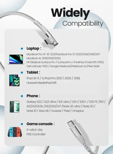 Vista 6 de Fasgear Cable USB C a USB C de 100 W – Paquete de 2 cables USB 2.0 tipo C a tipo C PD de 3 pies de carga rápida 5A en ángulo recto compatible