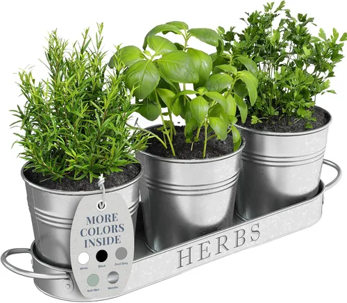 Vista 14 de Barnyard Designs - Juego de macetas para jardín de hierbas de interior con bandeja, macetas de metal para alféizar con drenaje para plantas de Negro