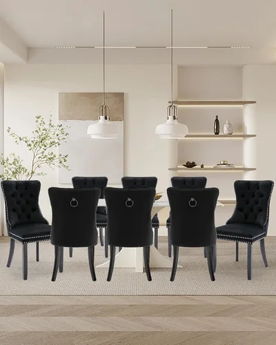 Vista 117 de Juego de 2 sillas de comedor de terciopelo con patas de madera, color beige Mid Century Modern Dining Chairs,Upholstered Chairs with Nailhead