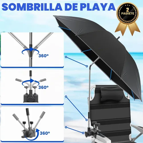 Vista 3 de Sombrilla de playa, paquete de 2 paraguas para silla de 48.7 pulgadas con abrazadera ajustable de 360°, protección UV, sombrilla grande para silla