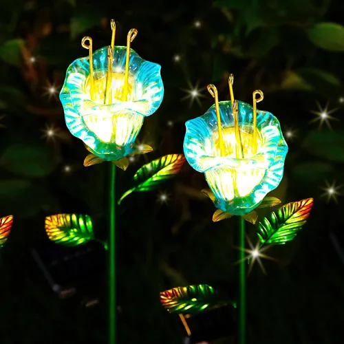Vista 9 de VChymm Paquete de 2 flores decorativas solares, luces de lirio de vidrio amarillo impermeables, encendido/apagado automático para jardín, patio