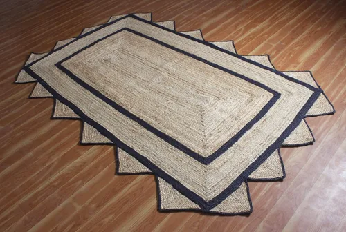 Vista 4 de Alfombra de borde festoneado, alfombra tejida a mano de yute natural, 2 x 3 pies, color beige y negro, alfombra de sisal trenzada Kilim para sala