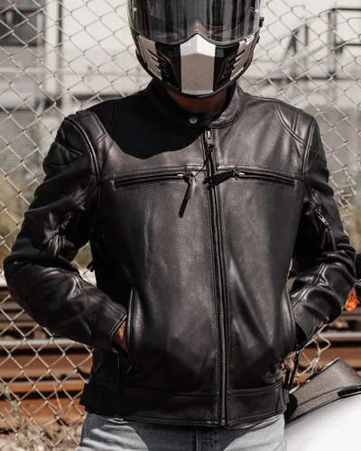 Vista 2 de First Mfg Co - Top Performer - Chaqueta de cuero de motociclista para hombre Negro