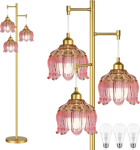 Vista 10 de QIYIZM Lámpara de pie para sala de estar, dormitorio, estilo granja, arco, ratán, boho, lámpara de pie con control remoto regulable, pantalla