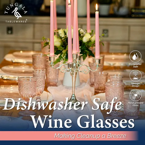 Vista 5 de Paquete de cristalería rosa, colección de cristalería vintage para fiesta, juego de copas de vino rosadas y 6 vasos altos rosados, vasos rosados a