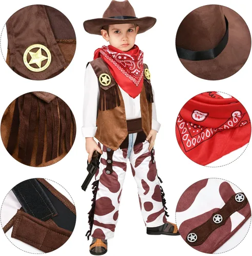 Vista 4 de Kids Cowboy Costume Boys Halloween Dress Up Cosplay Set Birthday Party Role Play Western Chaps Outfit Hat Accessories