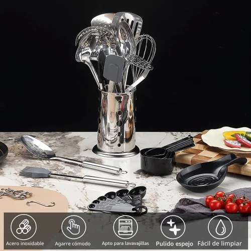 Vista 3 de Juego de utensilios de cocina, 39 piezas de acero inoxidable, espátula de cuchara con soporte de utensilios de acero inoxidable resistente, apto