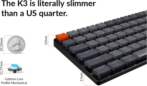 Vista 4 de Keychron K3 versión 2 teclado mecánico inalámbrico ultra delgado con cable BluetoothUSB con retroiluminación LED blanca interruptor azul mecánico
