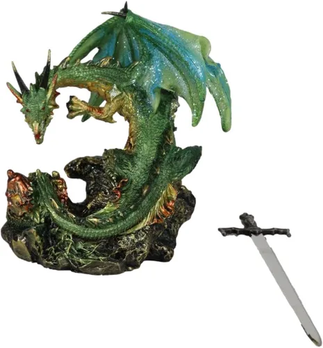 Vista 6 de Ebros Gift Legendario brillante verde metálico blindado centinela caballero dragón sosteniendo Tiki Murciélago espada abrecartas figura figura