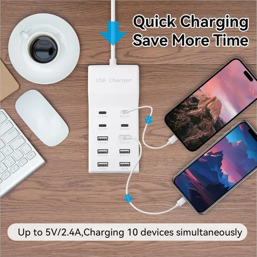 Vista 2 de Bloque de estación de carga USB con 10 puertos (6 puertos USB-A y 4 puertos USB-C), tira de alimentación USB para teléfono inteligente, tableta