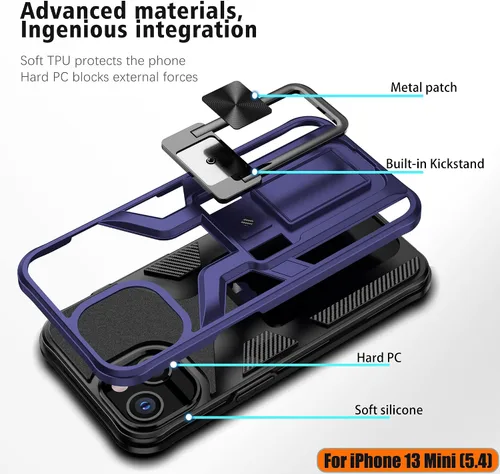 Vista 3 de Funda resistente para iPhone 13 Mini, resistente a los golpes, de grado militar, doble protección (TPU+PC), sólida y duradera, funda magnética