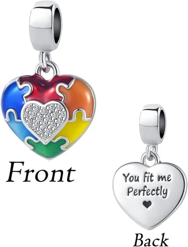 Vista 4 de NanMuc Collar con dije de conciencia sobre el autismo, pieza de rompecabezas, esmalte ASD, dije con texto en inglés "You Fit Me Perfectamente