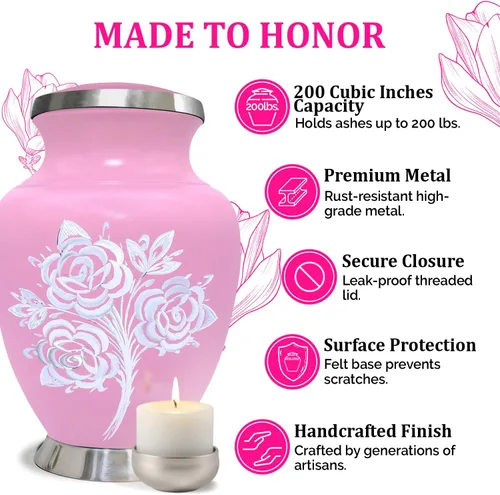 Vista 3 de Urna de Cremación de Rosa para Cenizas para Mujeres y Hombres - Urnas de Rosa Artesanales para Cenizas Humanas Adultas Femeninas y Masculinas