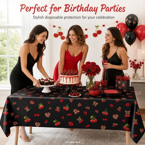 Vista 4 de 3 manteles de plástico desechables de 54 x 108 pulgadas, estampado de leopardo rojo y negro con labios rojos, manteles impermeables para cumpleaños