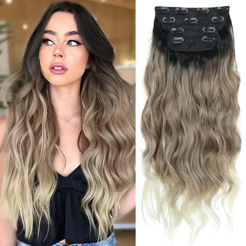 Vista 9 de 4 piezas de extensiones de cabello rizado con clip, color dorado oscuro, mezcla de rubio beige, sintético de 20 pulgadas de largo, extensiones