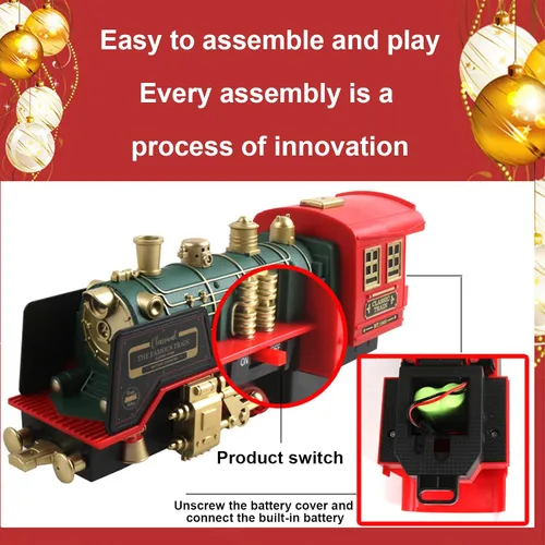 Vista 2 de Tren eléctrico de Navidad con control remoto con humo, luces, sonido, locomotora, automóviles y transporte remoto, recargable por USB, con pista