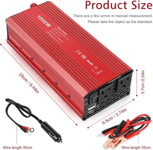 Vista 8 de Fancy Buying Inversor de corriente de 1000 W/2000 W (pico) para vehículos, convertidor de CC de 12 V a 110 V CA con dos salidas de CA y cargador
