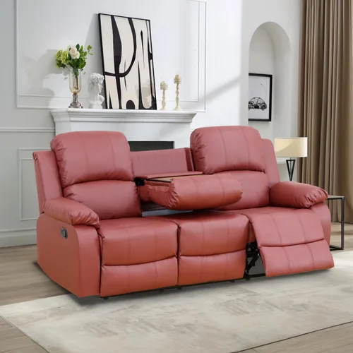 Vista 60 de Juego de Muebles para Sala de Estar, Juego de Sofá Reclinable Manual, Juegos de Sofás Reclinables de Cuero Beige con Mesa Desplegable, Sofá