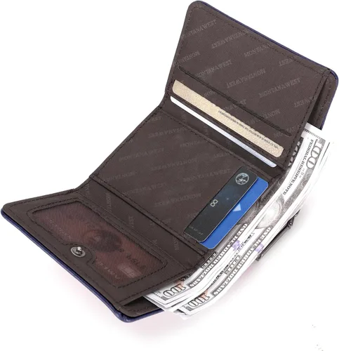 Vista 4 de Montana West Cartera para mujer con bloqueo RFID y bolsillo para monedas con cremallera, A azul, Vintage