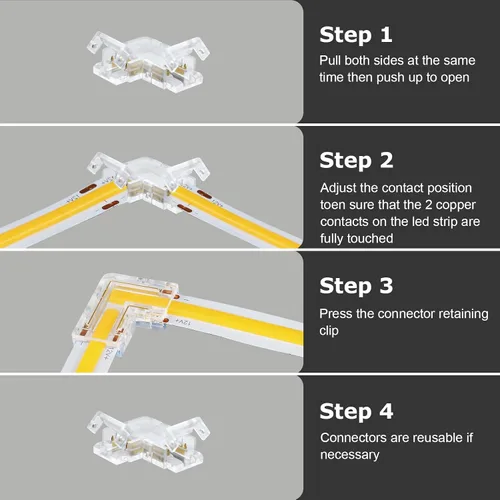 Vista 3 de LightingWill Conectores LED de 2 pines de 8mm, 10 unidades de conector en forma de L transparente, sin soldadura, conector de luz de cinta