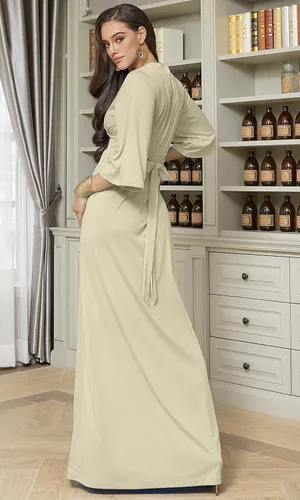 Vista 5 de KOH KOH Vestido largo tipo kimono para mujer manga larga cuello en V con cinturón estilo imperio fluido