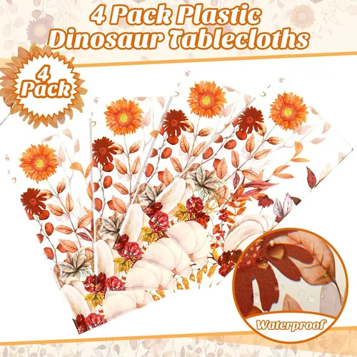 Vista 3 de Newwiee 4 manteles de plástico de otoño, manteles de plástico de Acción de Gracias, diseño de calabaza silvestre, mantel rectangular de otoño