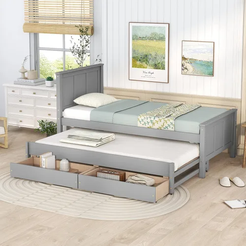 Vista 4 de Harper & Bright Designs Marco de cama individual de capitán con nido y cajones, plataforma individual de madera maciza para niños, adolescentes Gris